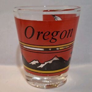 Vintage Shot Glass Souvenir of Oregon Red w Black Mountains & White Bird
